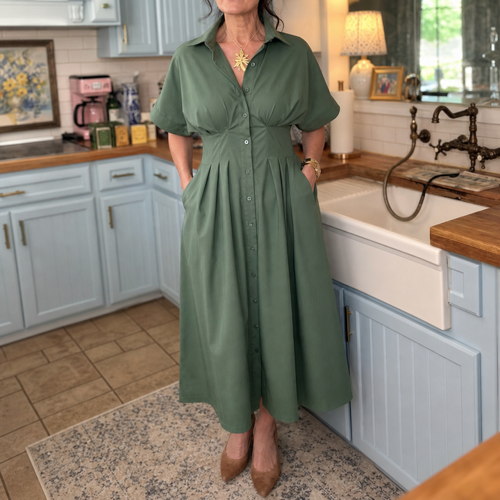 Solmara – Pleated Waist Button-Front Maxi Shirt Dress