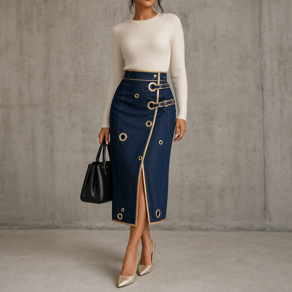 Wearbella – Asymmetric Wrap Denim Midi Skirt
