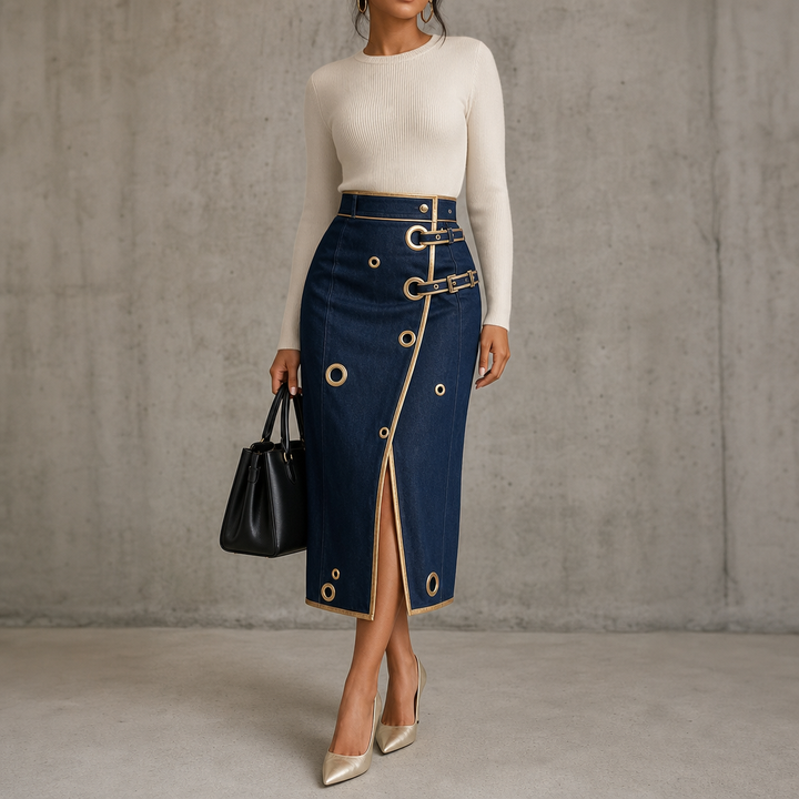 Wearbella – Asymmetric Wrap Denim Midi Skirt