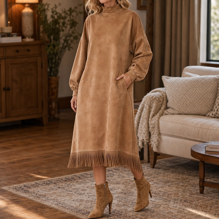 Tasselina – High-Neck Faux-Suede Tassel-Hem Dress