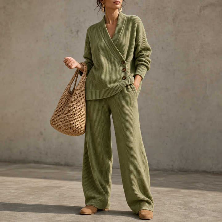 Olivea – Ribbed Wrap Top And Wide-Leg Pants Set
