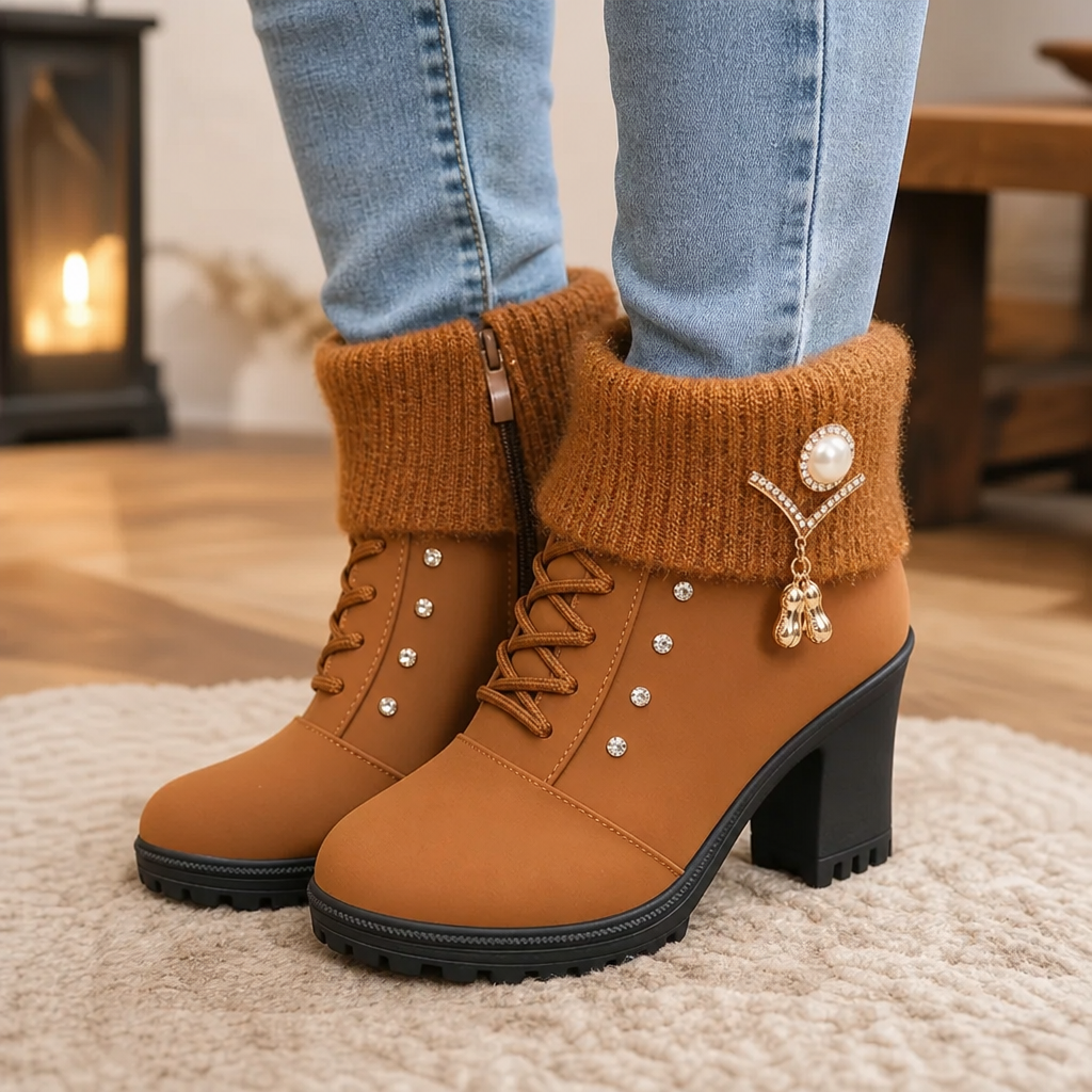 Wearbella – Fur-Lined Rhinestone Trim Block Heel Boots