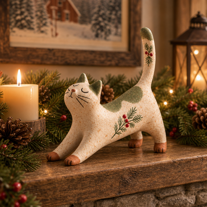 Hearthwhisk – Speckled Woodland Stretching Cat Figurine