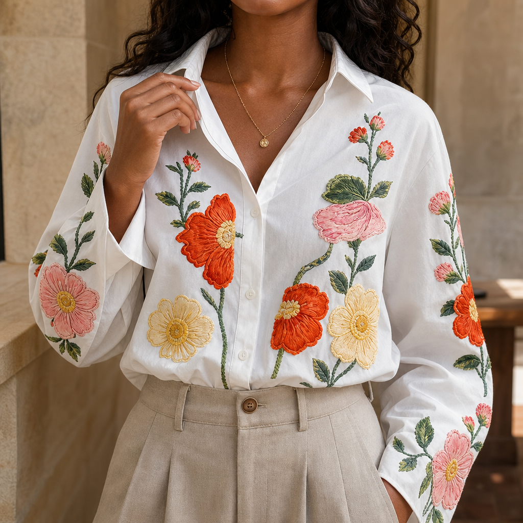 Lunabloom – Floral Embroidered Lapel-Collar Blouse