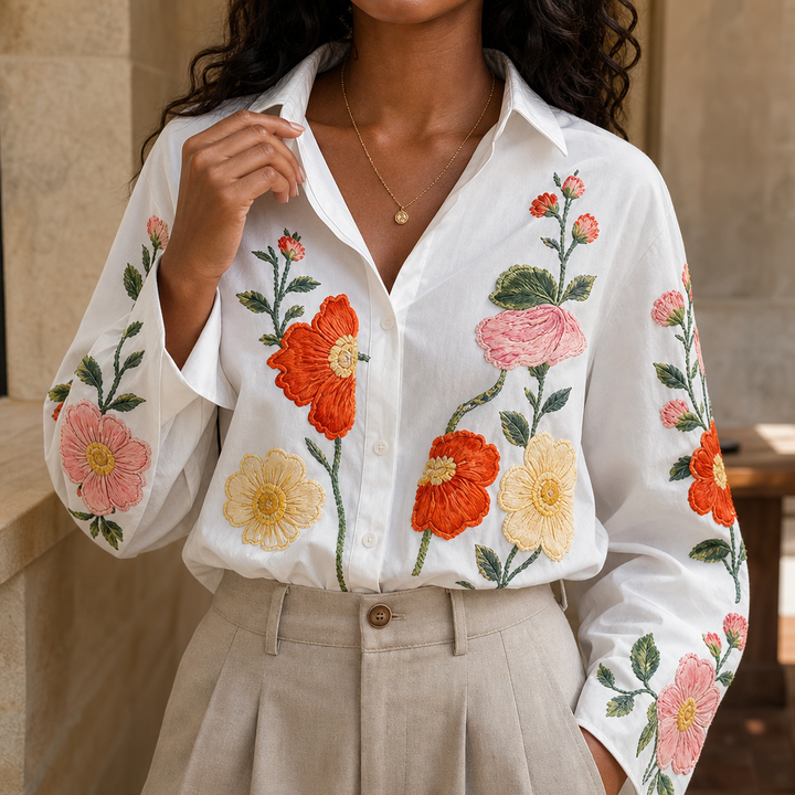 Lunabloom – Floral Embroidered Lapel-Collar Blouse