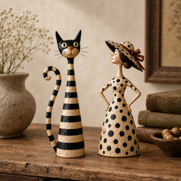 Heirloom Whiskers – Distressed Cat And Lady Figurine Set