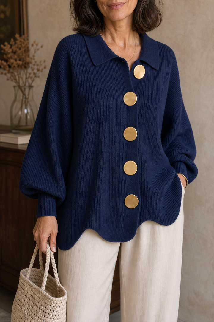 Wearbella – Oversized Scalloped-Hem Button Cardigan