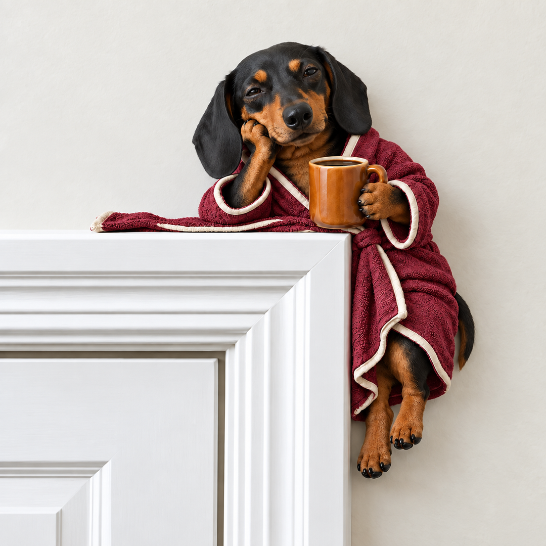 Cozy Cornerhound – Bathrobe Coffee Dachshund Doorway Figurine