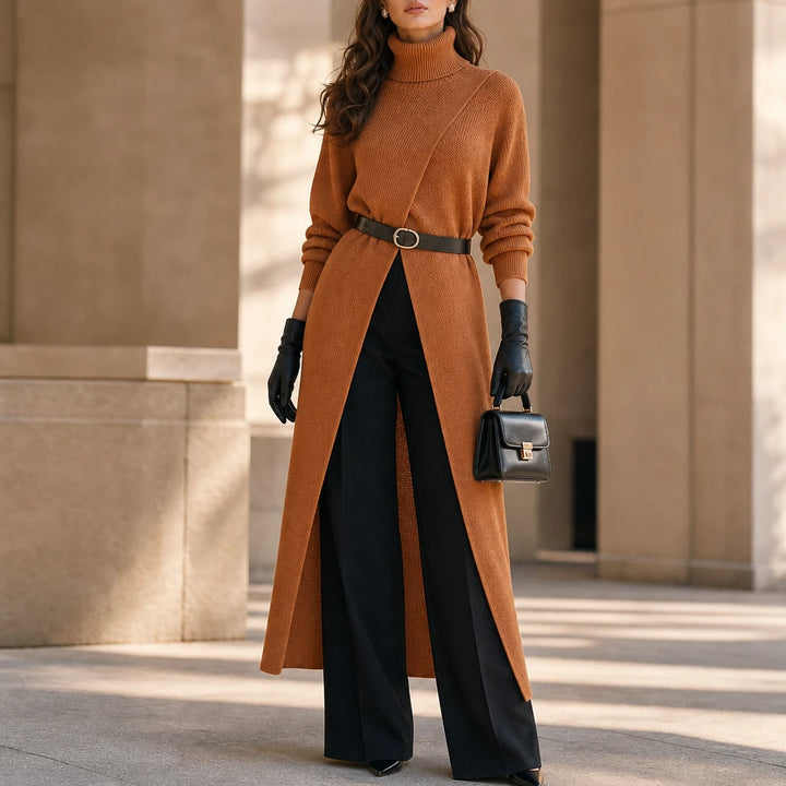Linevera – Pit-Stripe Ribbed Asymmetric Turtleneck Top