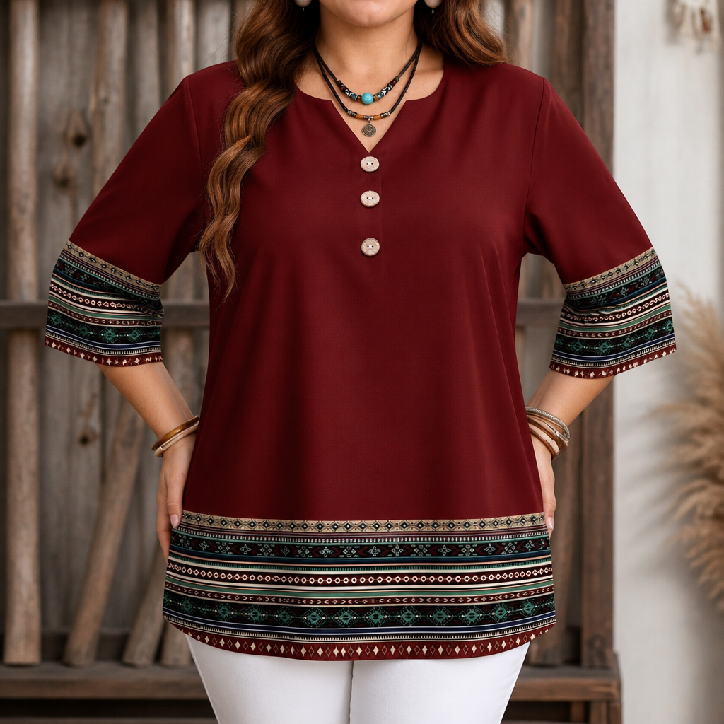 Vivelyn – Contrast Trim Button-Front V-Neck Top