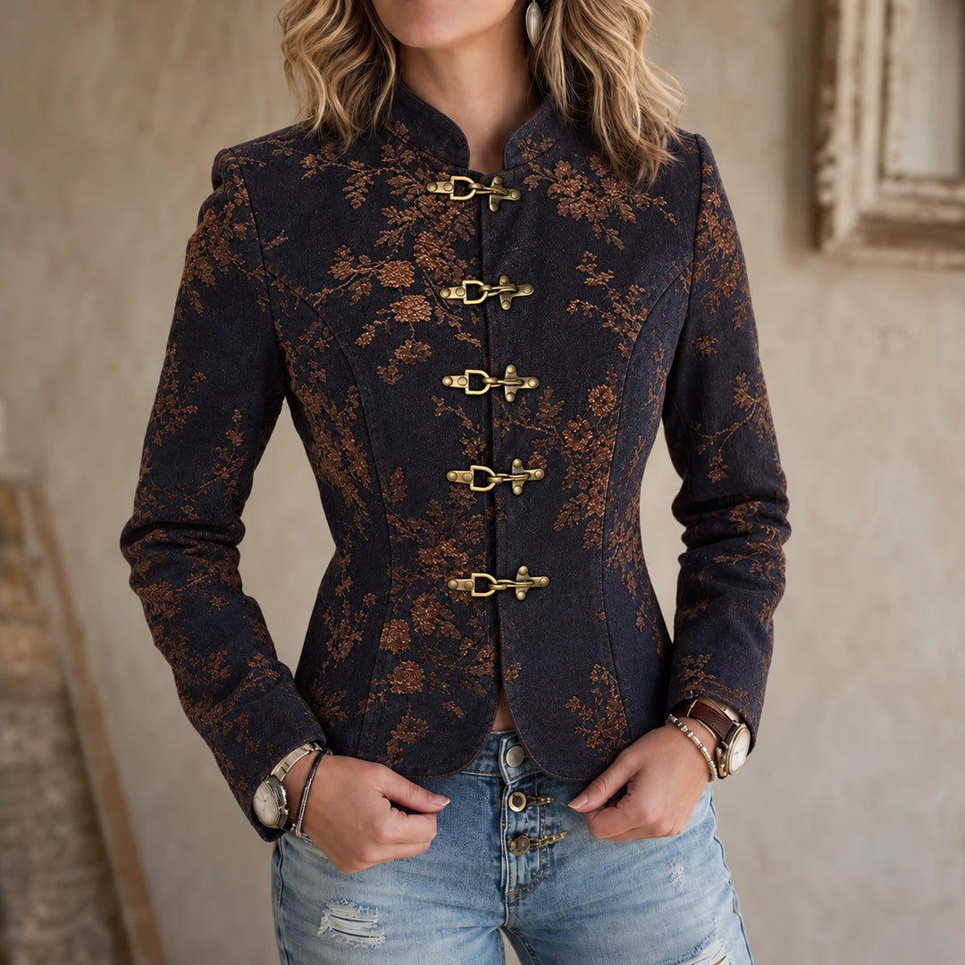 Marivelle – Floral Jacquard Mandarin-Collar Toggle Jacket