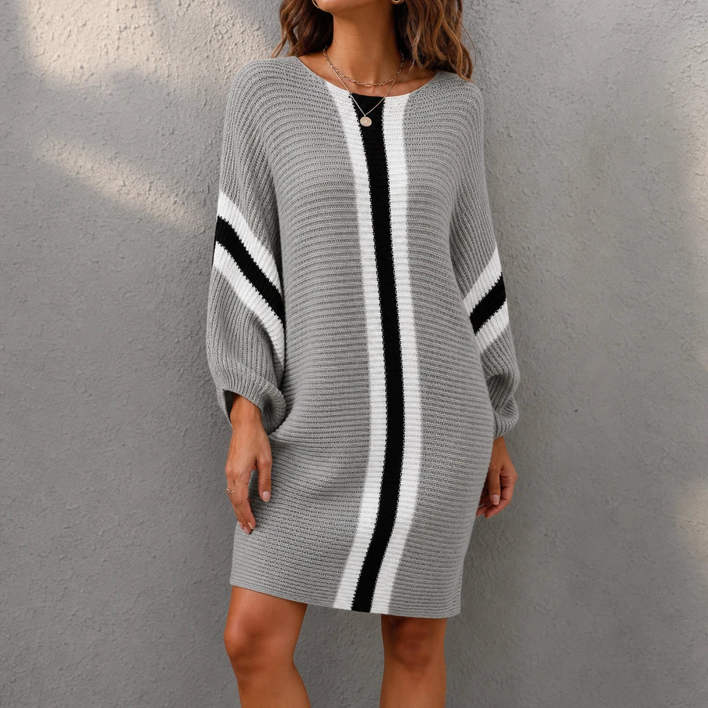 Stria – Striped Batwing Sleeve Sweater Dress