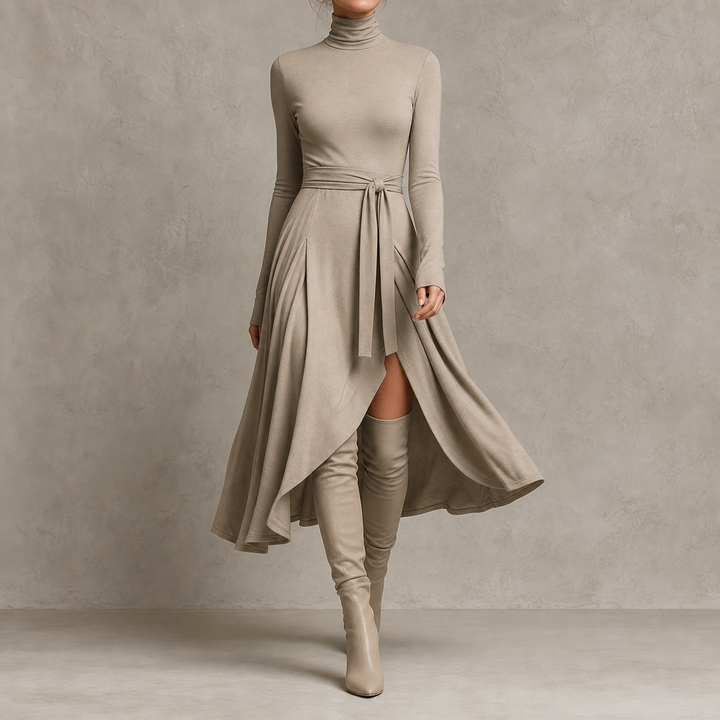 Vellara – Turtleneck Wrap Slit Knit Midi Dress
