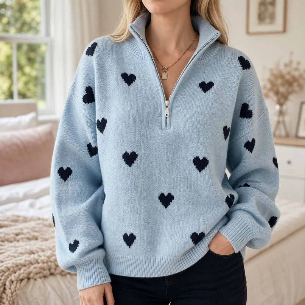 Lovelle – Heart-Pattern Quarter-Zip Sweater