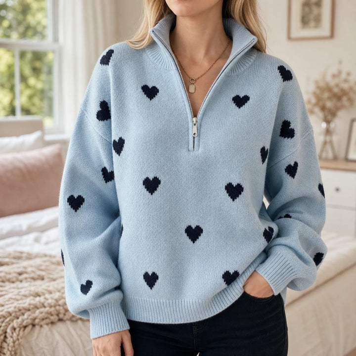 Lovelle – Heart-Pattern Quarter-Zip Sweater