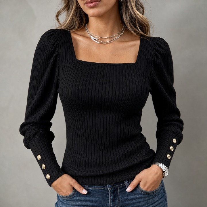 Square - Neck Puff-Sleeve Fitted Knit Top With Gold Cuff Buttons