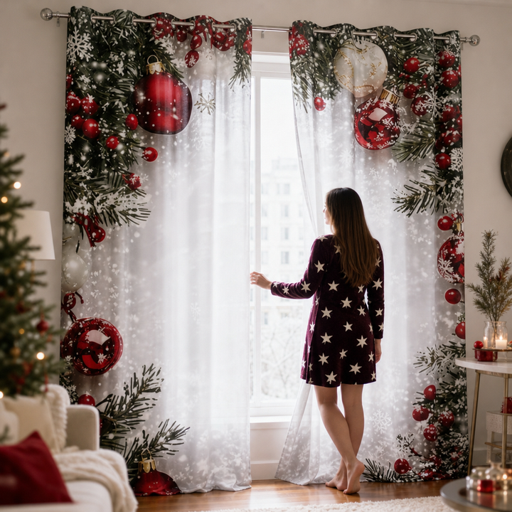 Yuletide Glow – Christmas Print Semi-Sheer Curtain Panels