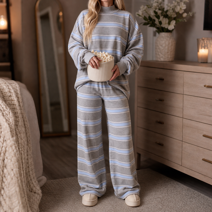 Stripe & Ease – Striped Mock-Neck Top And Wide-Leg Pants Set