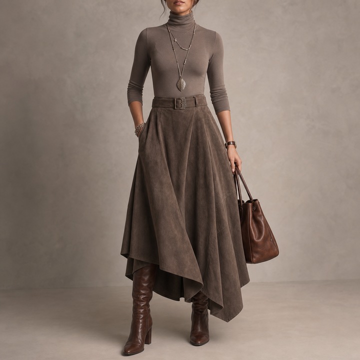 Sienna Fold – Asymmetrical Pleated Faux-Suede Skirt Set