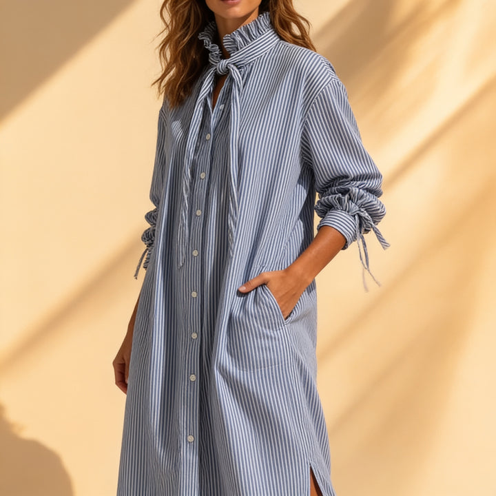 Verlyn – Striped Midi Dress That Reads Slim, Not Wide