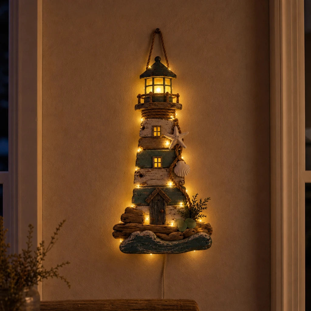 Driftwood Beacon – Distressed Coastal Lighthouse Wall Decor
