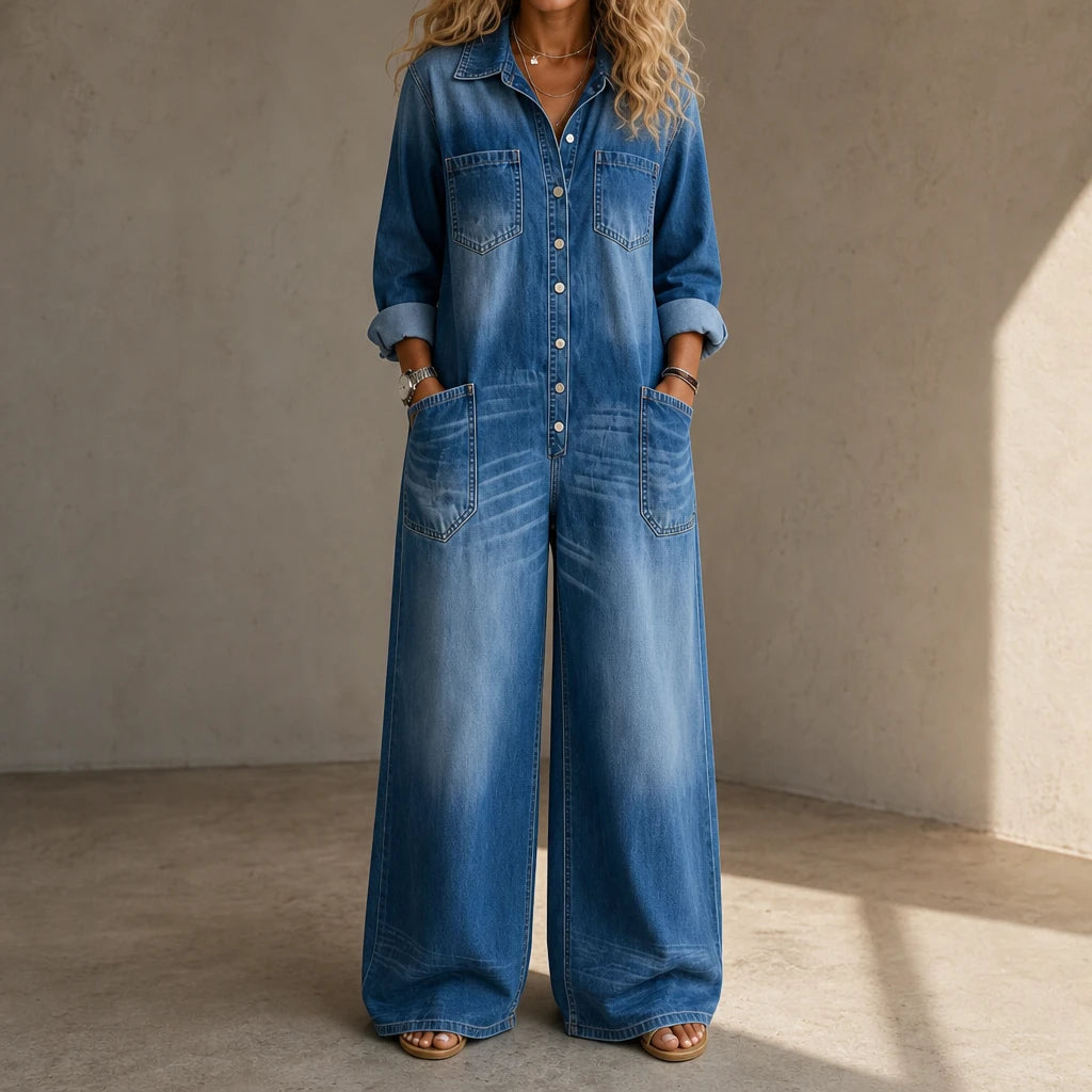 Denimbelle – Button-Front Wide-Leg Denim Jumpsuit