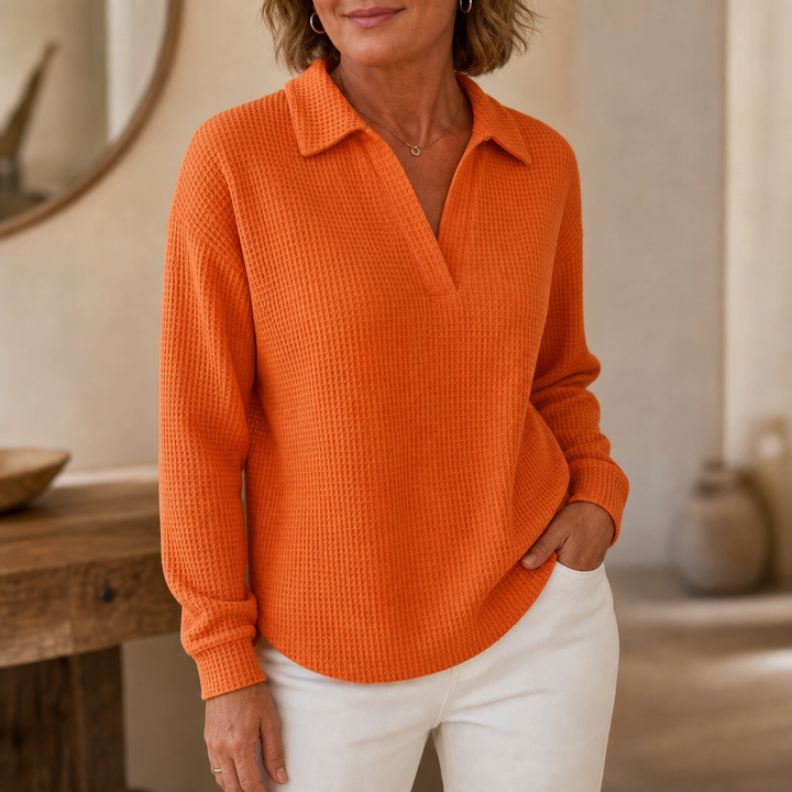 Waffelou – Collared V-Neck Waffle-Knit Oversized Top
