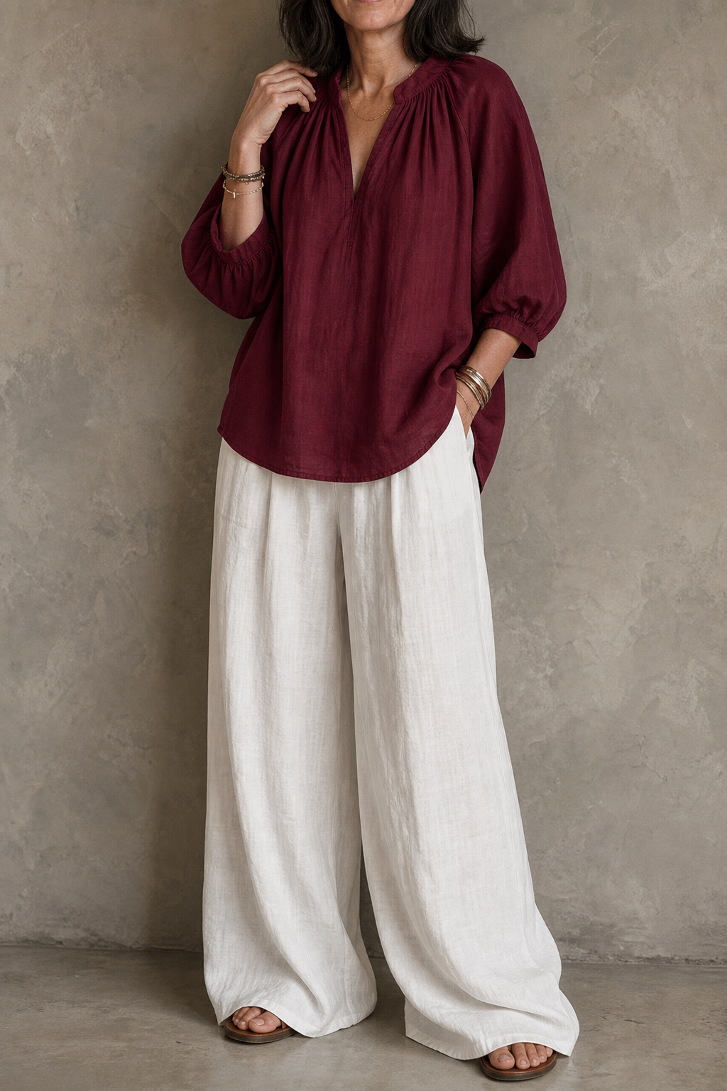 Amselle – Ruched Collar Blouse And Wide Leg Pants Set