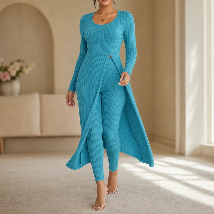 Ribella – Ribbed Side-Slit Tunic And Slim-Fit Pants Set