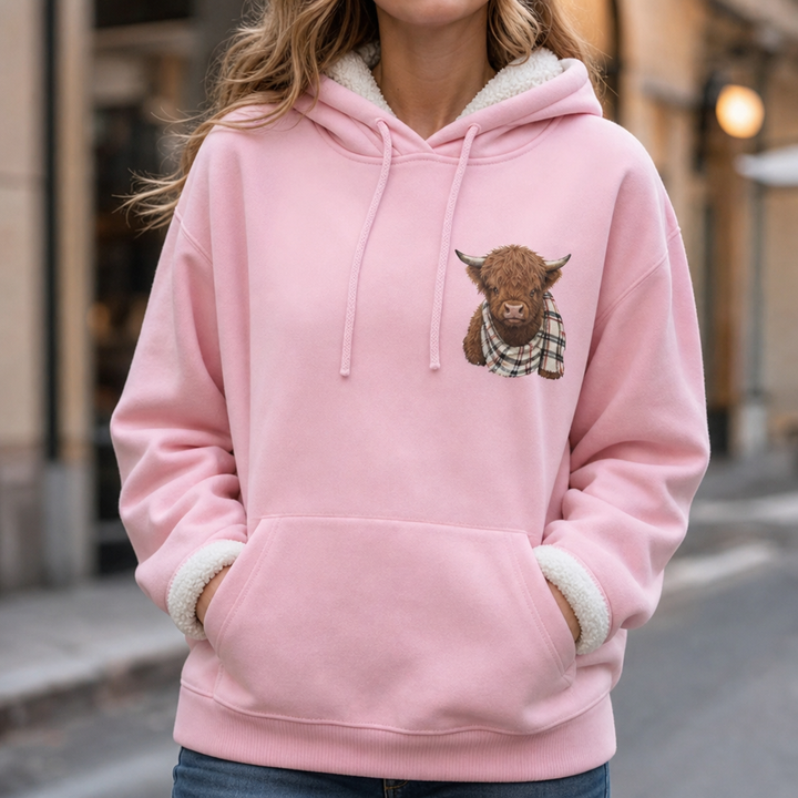 Heatherloch – Highland Cow Print Fleece-Lined Hoodie