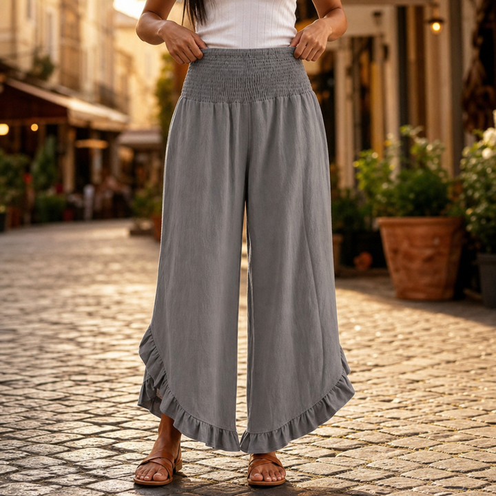 Linora – Cotton-Linen Smocked High-Waist Palazzo Pants