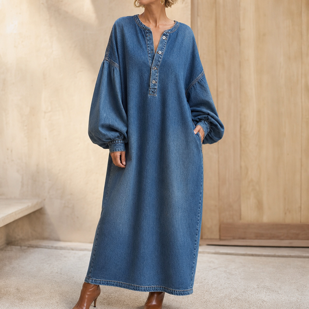 Denimelle – Long-Sleeve Denim Maxi Dress