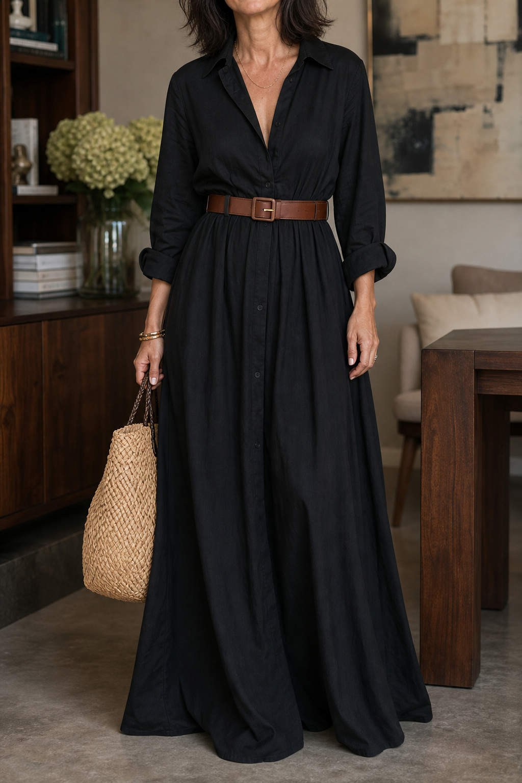 Belveil – Belted Collared Long-Sleeve Maxi Shirt Dress