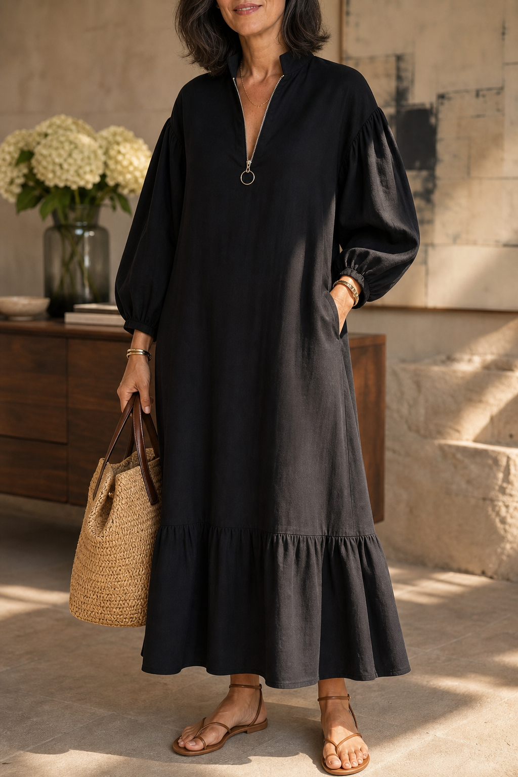 Wearbella – Half-Zip Stand-Collar Lantern-Sleeve Dress