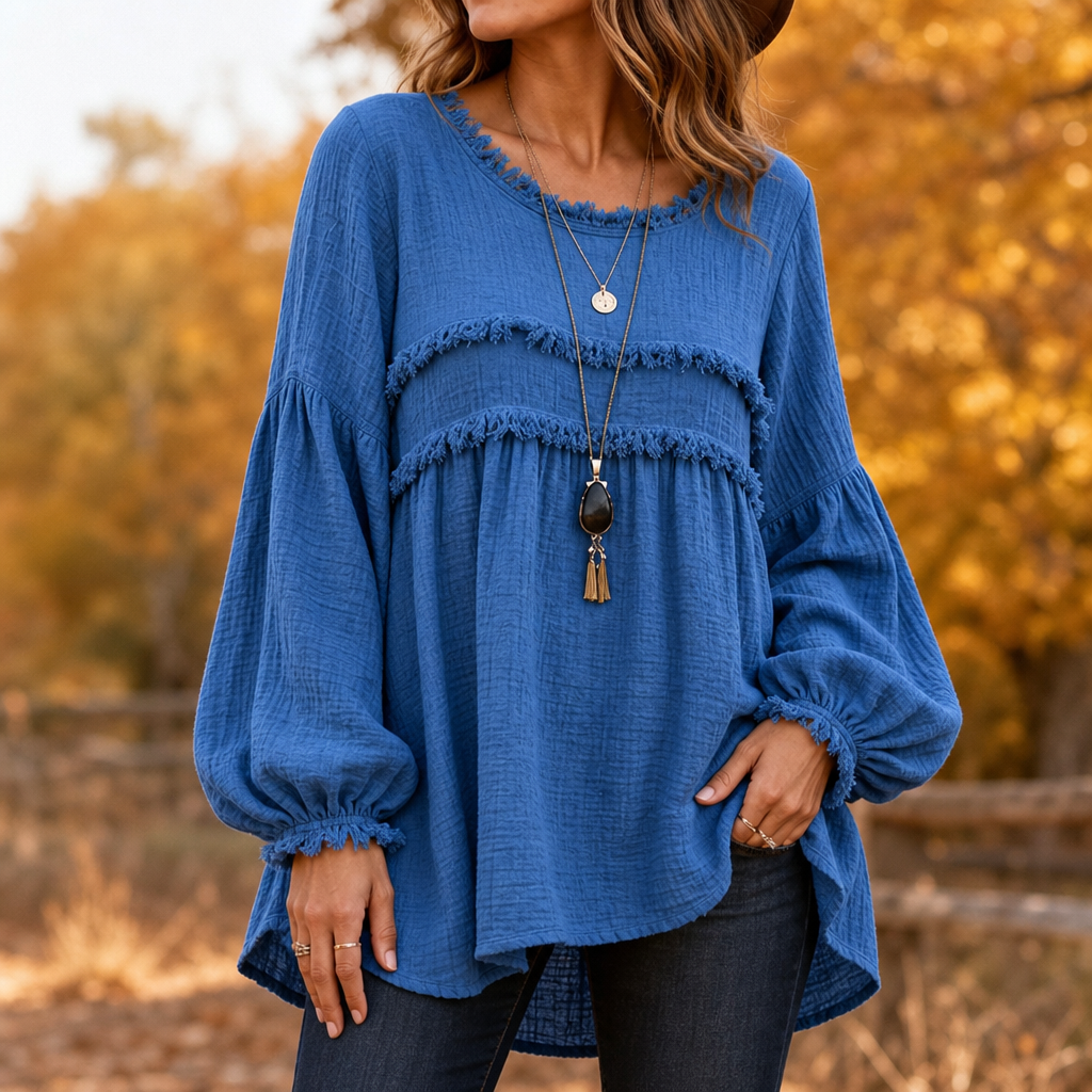 Wovella – Fringe-Trim Pleated-Sleeve Boho Blouse