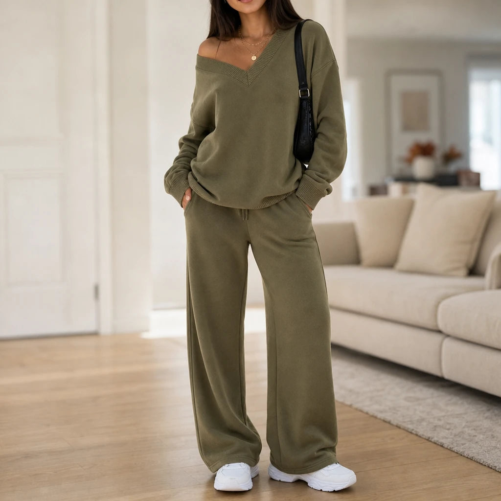 Vivelyn – V-Neck Knit Sweatshirt And Pants Set