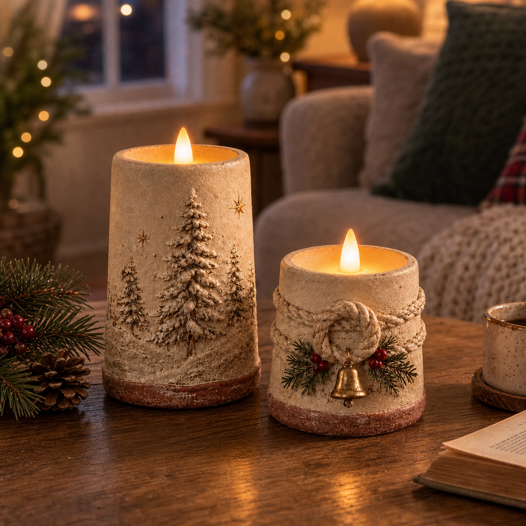 Hearthglow – Hand-Painted Rustic LED Pillar Candle (2 piece set)