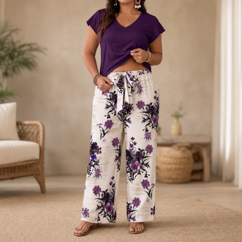Twovelle – V-Neck Tie-Waist Wide-Leg Two-Piece Set