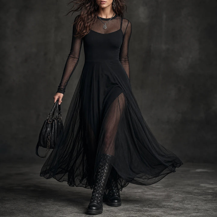 Noctelle – Tulle Patchwork Black Maxi Dress