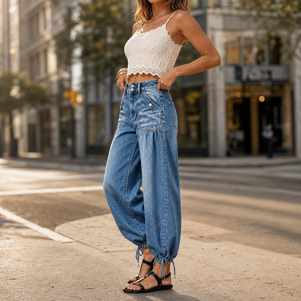 Barrelette – Tie-Hem High-Waisted Barrel Leg Jeans