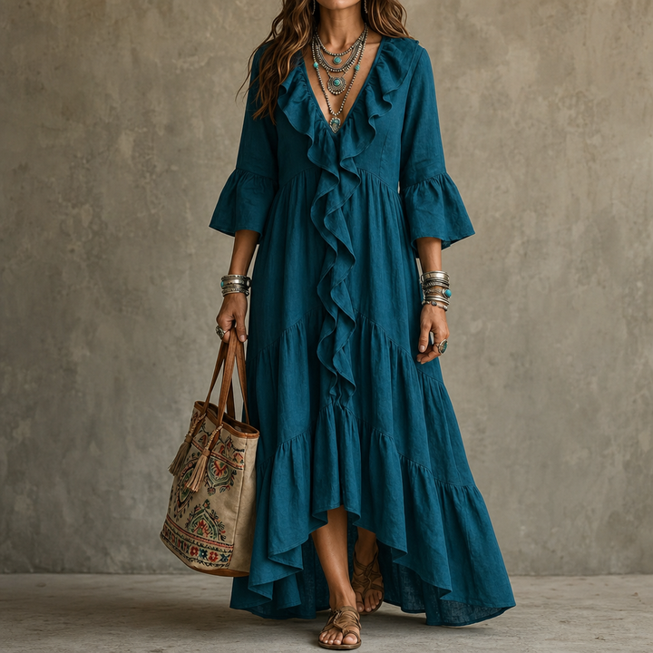 Cascada – High-Low Ruffle V-Neck Bell Sleeve Dress