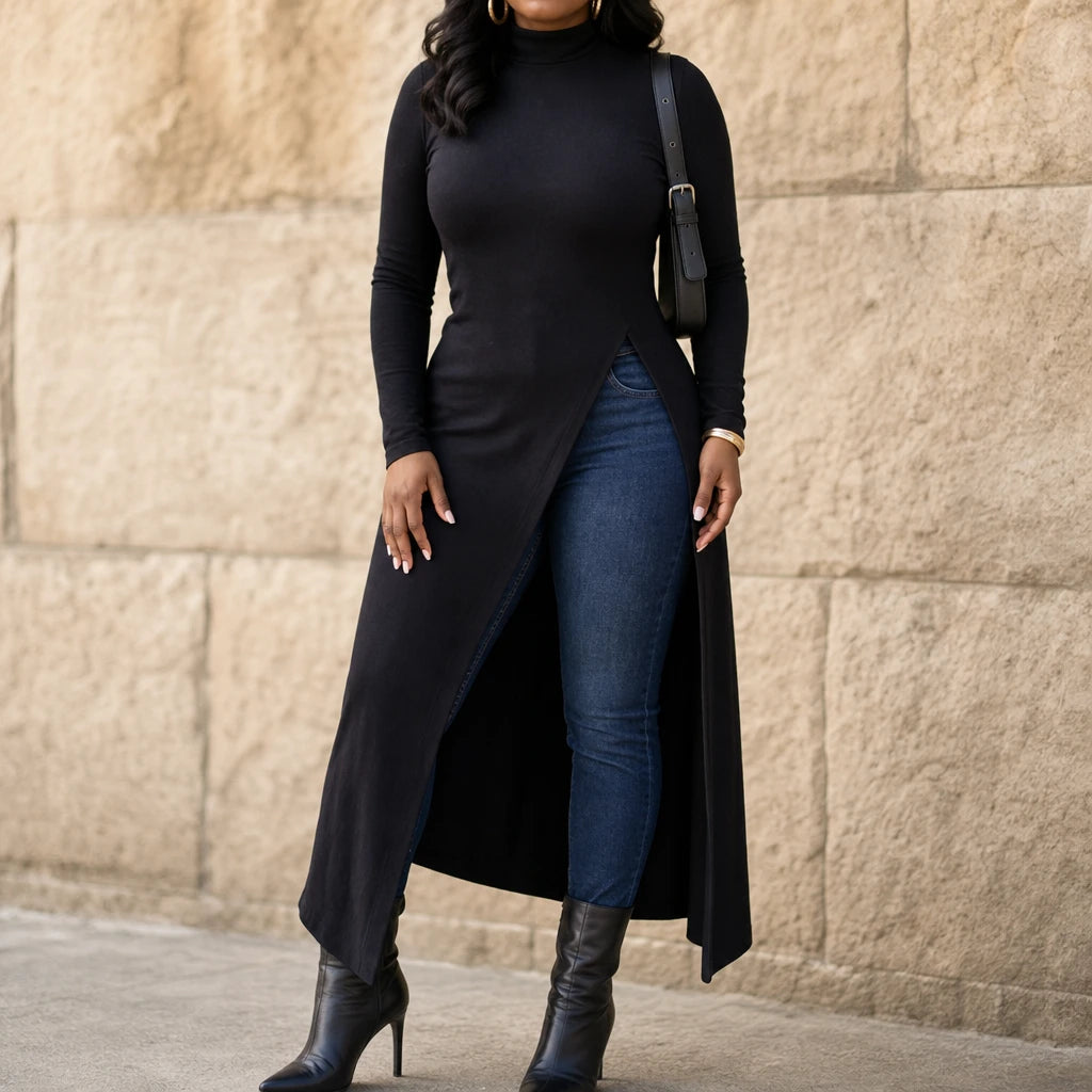 Wearbella – Asymmetric Hem Turtleneck Maxi Tunic
