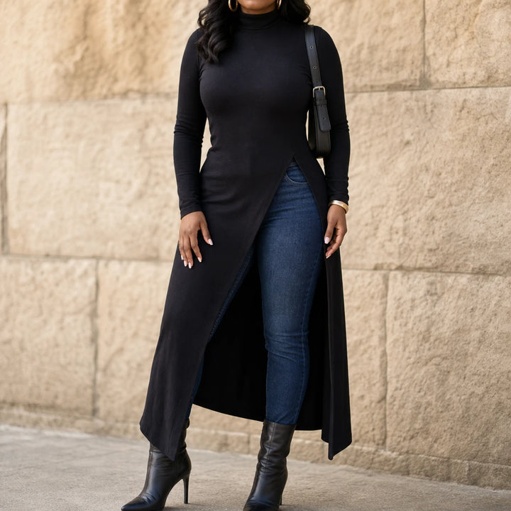 Wearbella – Asymmetric Hem Turtleneck Maxi Tunic
