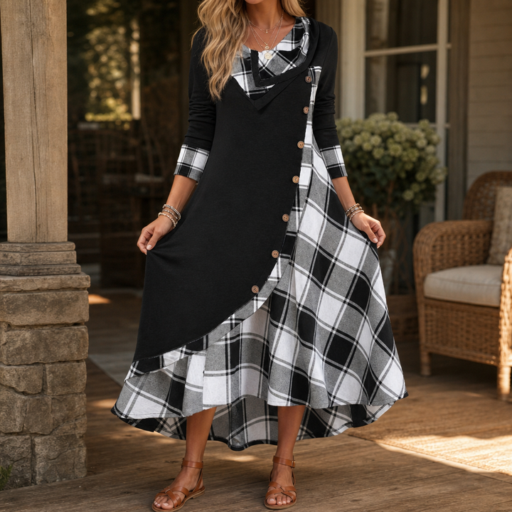 Wovelle – Plaid Patchwork Cowl Neck Midi Dress