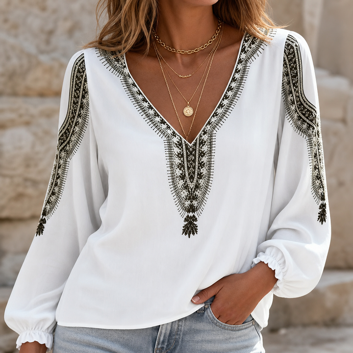 Wearbella – Embroidered V-Neck Peasant Sleeve Blouse