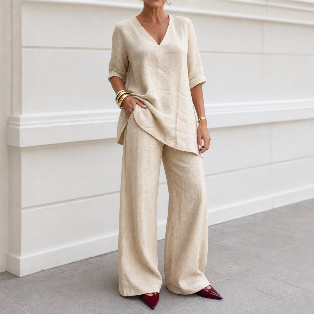 Draperly – V-Neck Linen-Look Two-Piece Set