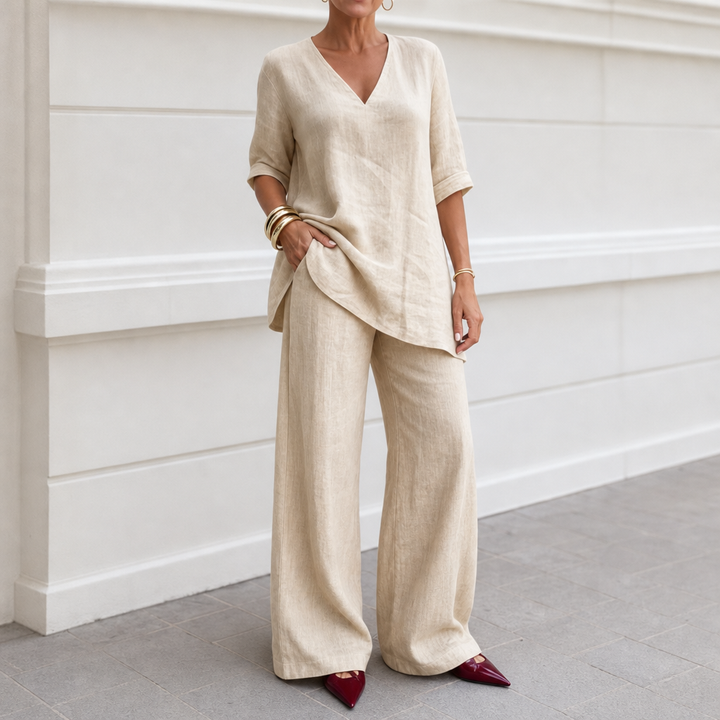 Draperly – V-Neck Linen-Look Two-Piece Set