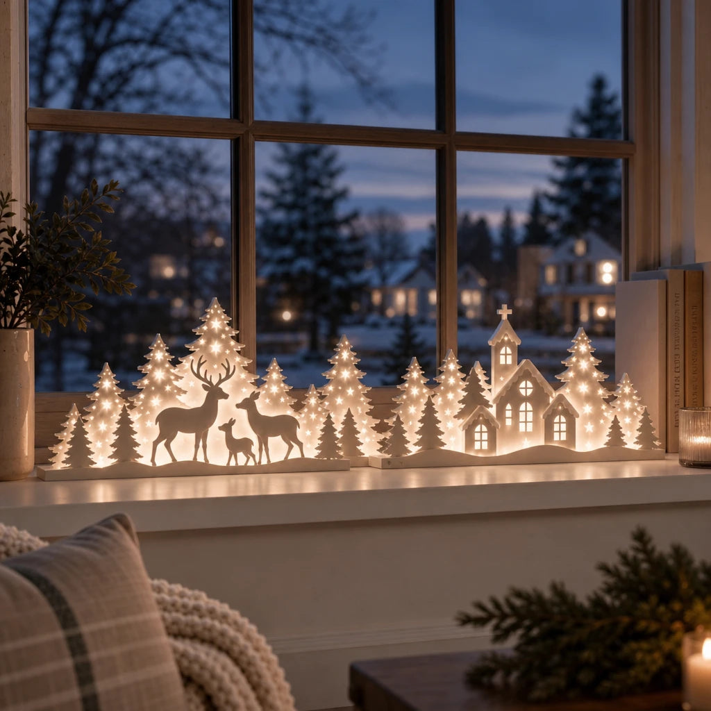 Deerwood Glow – LED Christmas Window Village With Deer
