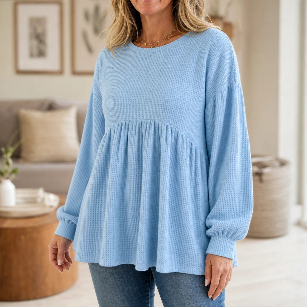 Cozyelle – Gathered Empire-Waist Waffle-Knit Top