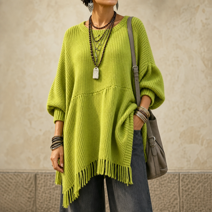 Limehaven – Textured Fringe Batwing Knit Poncho